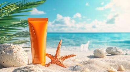 Sunscreen in orange cosmetic tube, sandy beach and sea background. Summer vacation and skin care, cosmetics, UV protection concept.