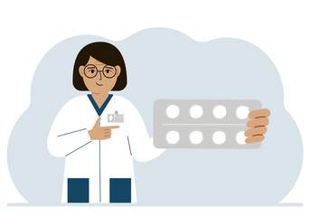 A female doctor in a white coat holds a large plate with pills. Vector flat illustration