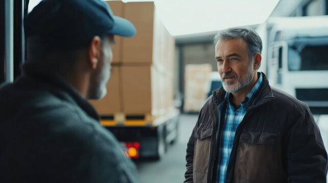 The manager is talking to the truck driver while handling the shipment