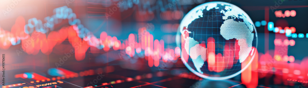 Poster global financial market analysis with vibrant data visualizations and a globe representing internati