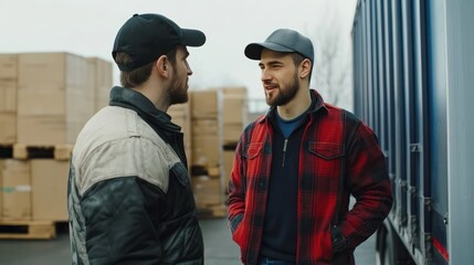 Obraz premium The manager is talking to the truck driver while handling the shipment