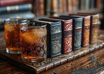 A glass of tea beside an open book resting on a wooden table.