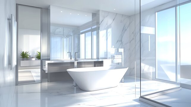Elegant modern bathroom with standalone bathtub, large windows, and sleek design. Bright natural light and luxurious marble elements.