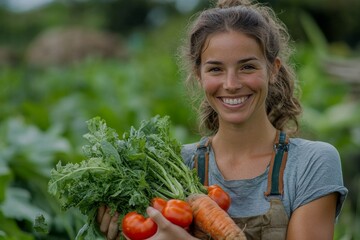 Smiling organic farmer holding freshly picked vegetables on her farm, Generative AI