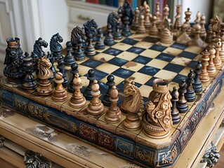 A chess board displaying a large chess set, with detailed pieces arranged.