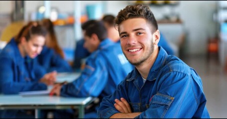 plumber technician electrician handyman construction builder carpenter education, young male student in blue uniform sitting in school classroom, arc shot moving in slow motion