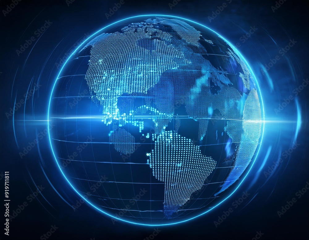 Poster blue hologram globe with world map with glowing data streams