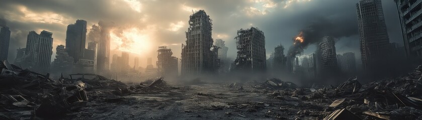 City in ruins due to military robots in post-apocalyptic 