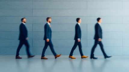 Obraz premium Blurred figures of business professionals networking in modern conference hall, dynamic composition, intense motion blur