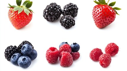 Vibrant collection of ripe berries, featuring strawberries, blackberries, raspberries, and blueberries, cut out