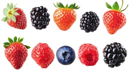 Vibrant collection of ripe berries, featuring strawberries, blackberries, raspberries, and blueberries, cut out