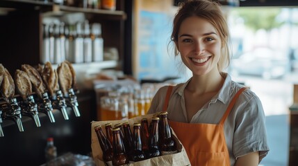 Young woman smiles while holding a six-pack of beer at a local brewery during a sunny afternoon