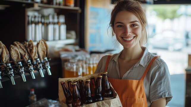 Young woman smiles while holding a six-pack of beer at a local brewery during a sunny afternoon