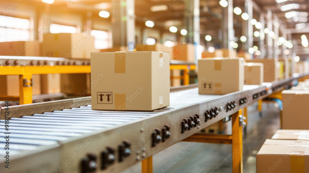 Poster a conveyor system in a warehouse moving cardboard boxes efficiently through a busy distribution cent