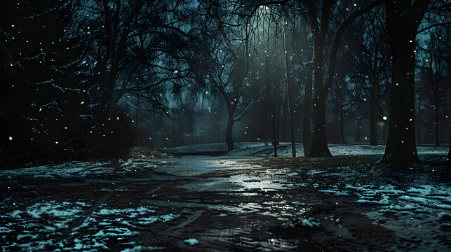 Dark Sinister Park Frozen Ground Cloudy Dark Night in Winter..