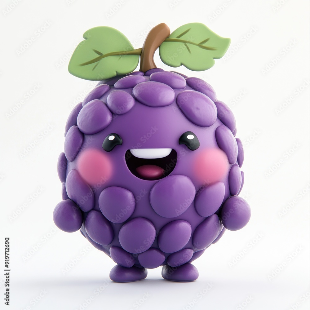 Sticker A cute cartoon grape with a big smile and a stem and leaves on top.