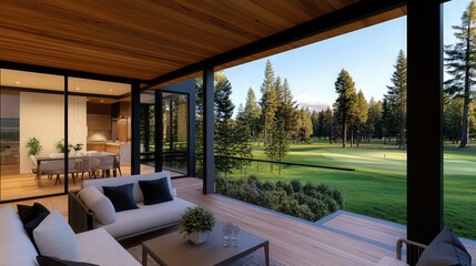A modern home interior design patio, background is a golf course, 