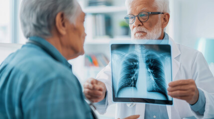 Obraz premium A doctor examines lung X-ray images with a senior patient, showcasing a crucial moment in medical consultation and care.