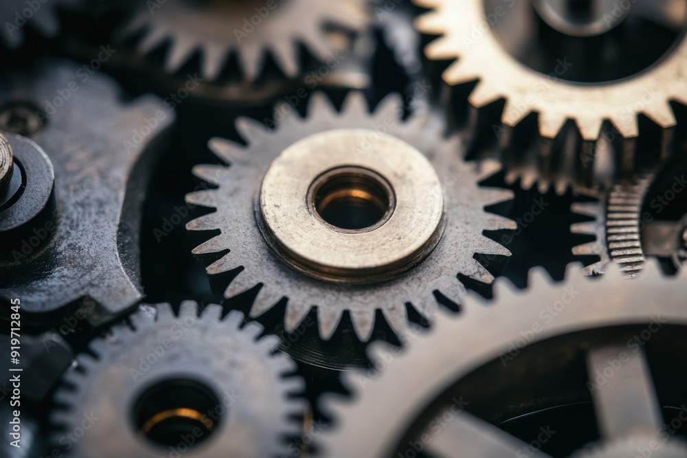 Poster a industrial gears and cogs interlocking and turning, symbolizing the mechanics and precision of ind