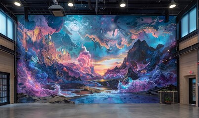 Large-scale mural featuring a surreal dreamscape