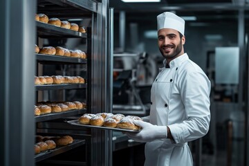 A baker in a white uniform holding an oven mitt and carrying bread on a tray