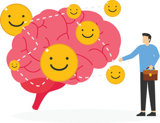 Think about increased emotional intelligence. Positive emoticons on brain. Flat vector illustration.

