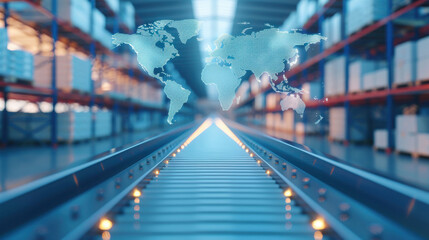A modern warehouse interior with a global map overlay, showcasing efficient supply chain operations and logistics infrastructure.