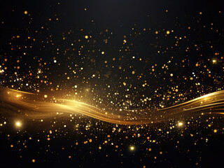 Obraz premium Abstract black background with a golden wave and scattered glitter.