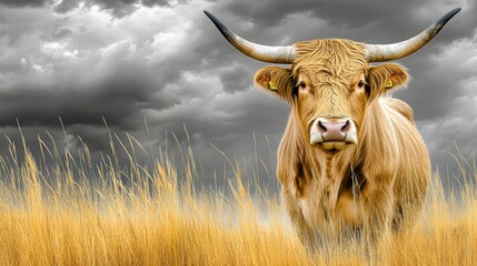 scottish highland cow, in field with storm clouds, black and white and color image, focal point, copy space