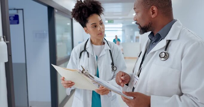 Doctors, teamwork and advice with documents, hospital folder or patient charts for healthcare planning or solution. Professional nurse, mentor or people with file, medical support or clinic checklist