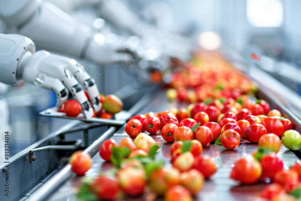 Poster a robotic arm efficiently sorting fresh apples on a conveyor belt in a modern automated facility.