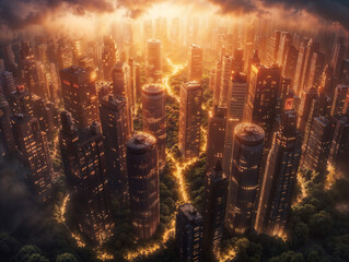 Fototapeta premium Sunset over a Modern Cityscape with Skyscrapers and Glowing Roads