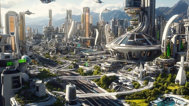 Detailed panorama of future city, flying vehicles, solarpunk style