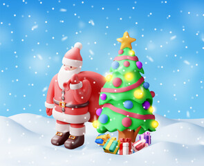 3D santa claus character with gift bag in snow. Render christmas tree and santa. Happy new year decoration. Merry christmas holiday. New year and xmas celebration. Realistic vector illustration