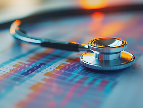 Close-up of a stethoscope resting on colorful medical charts at sunset in a clinical setting