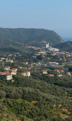 Fototapeta premium Town in mountains near sea on Ligurian coast of Italy. Houses, olive plantations, roads and buildings. Nature in summer. Panorama, background for design. 