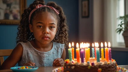 sad african american girl with cake at home