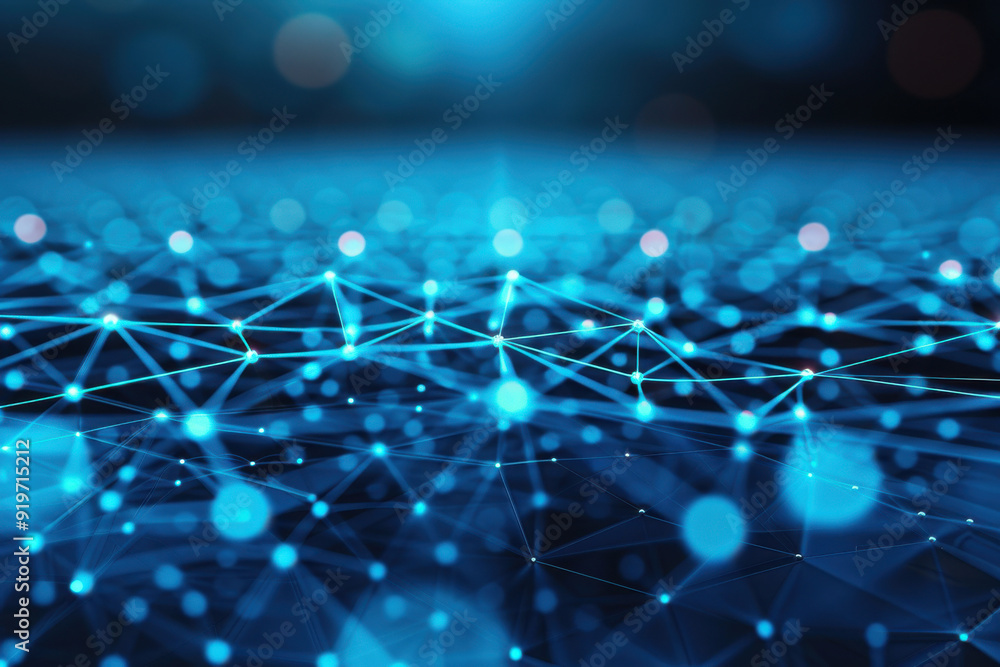 Poster a vibrant blue digital network illustrating connections and data flow in a technology-driven world.