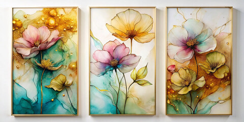Three abstract flower panels created with alcohol ink, featuring soft pastel shades of pink, yellow, and teal with touches of gold, perfect for modern wall decor