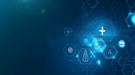 Blue background with medical icons and hexagons, representing digital health technology in medicine and healthcare services vector illustration on the right side of banner