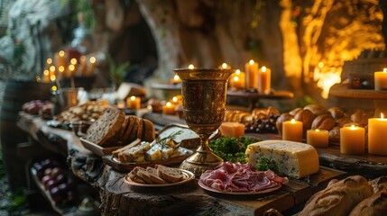 Naklejka premium A medieval feast table filled with bread, cheese, meat, and candles.