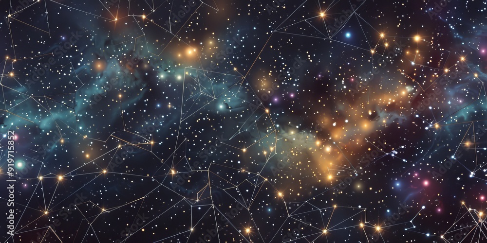 Poster This low polygonal image is composed of points, lines, and shapes in the form of stars with destructible shapes that depict a starry sky or space