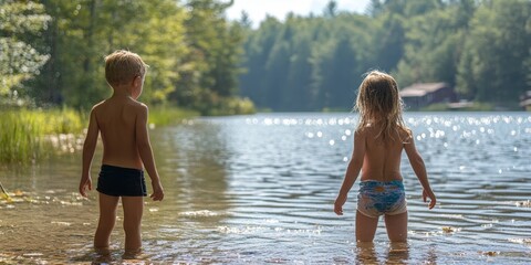 Fototapeta premium Young friends enjoying a day at the lake, Generative AI