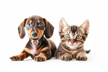 Adorable puppy and playful kitten lying together on a white background, showcasing their friendship and cuteness.