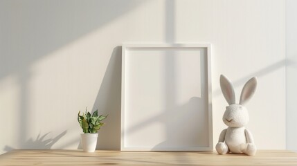 White Frame and Stuffed Bunny on Wooden Table