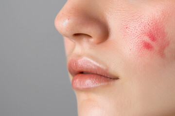Fototapeta premium Close-up of a face showing skin irritation and redness around the cheek, highlighting skincare and dermatological concerns.
