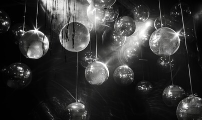 Monochrome photo of disco balls
