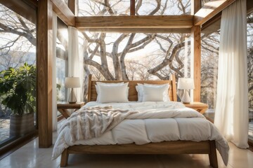 Fototapeta premium Cozy Modern Bedroom with Large Windows and Scenic Forest View