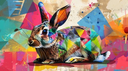 Abstract colorful painting of a rabbit against a geometric background.