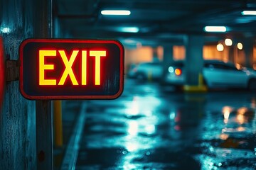 Illuminated Exit Sign in Dimly Lit Parking Garage